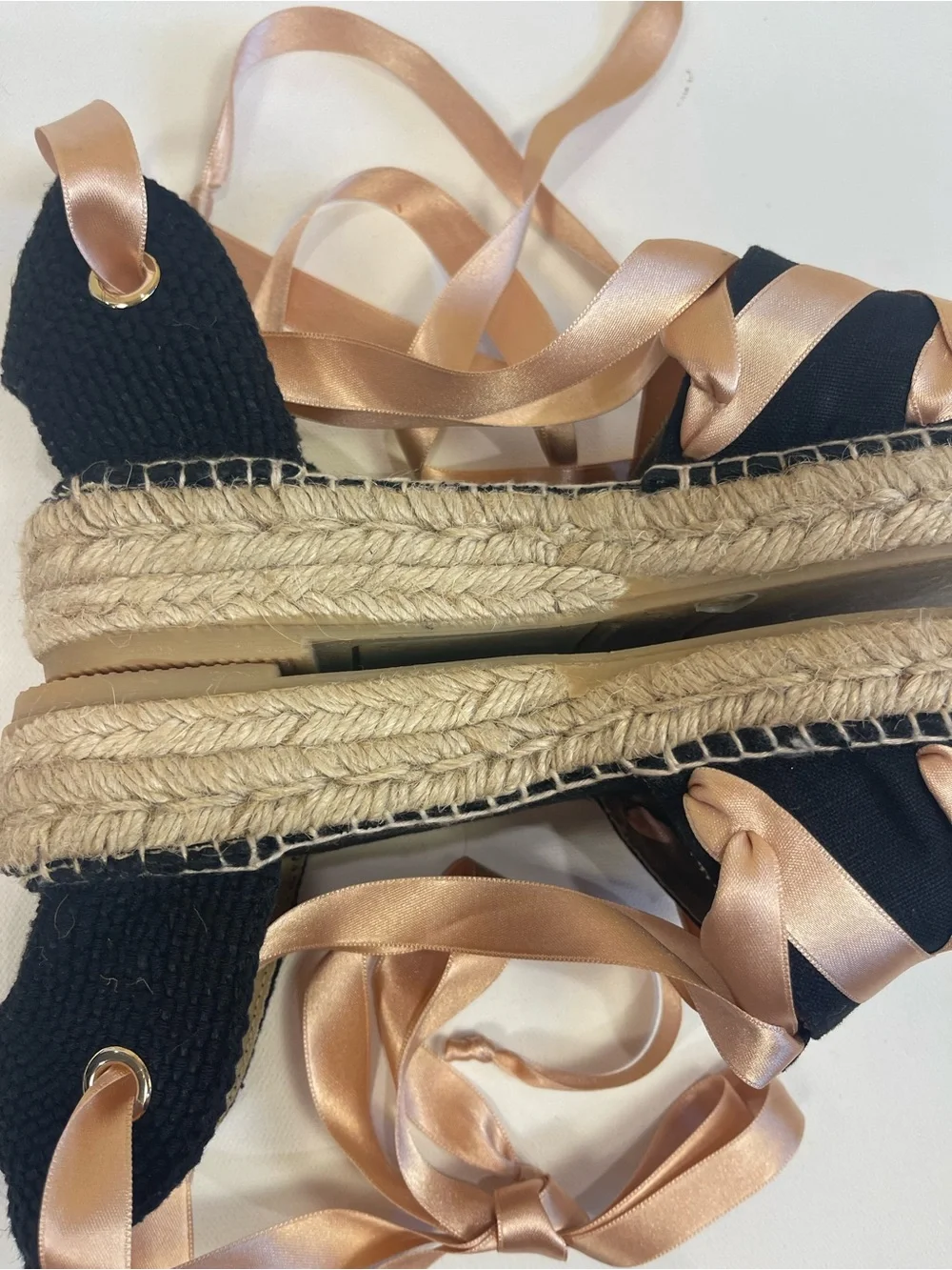 handmade Black Espadrilles 8.5/39 Sandals Lace Up Pink Satin Ribbons Balletcore